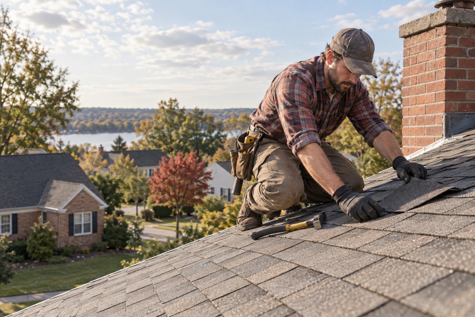 Illustrative image of a roofer working on a residential shingle roof